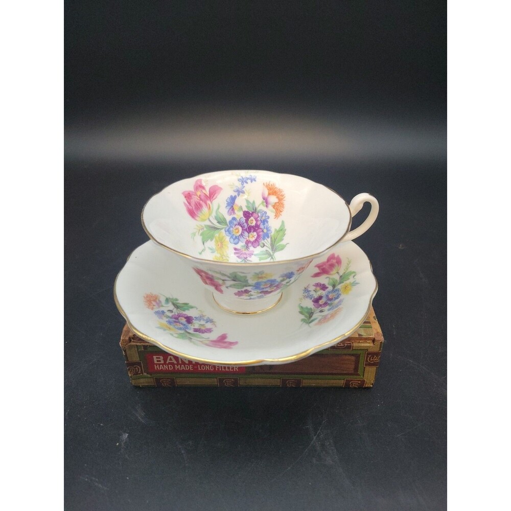 Vintage Heathcote Bright Floral Bouquet Bone China Teacup & Saucer Footed Gold